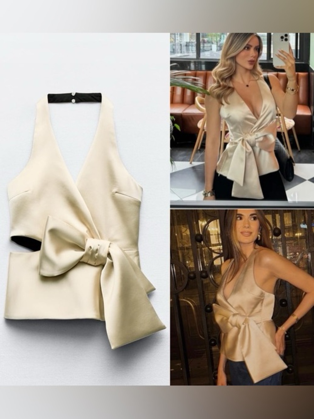 NWT Zara soft gold bow satin halter top. Size Large